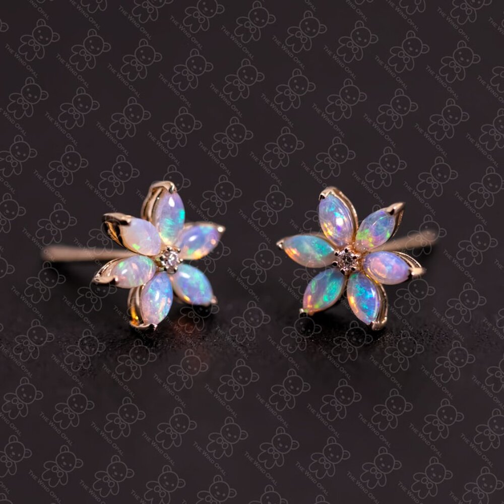 Blossom Stud Earrings Solid Opal 14K Gold Diamond Accents